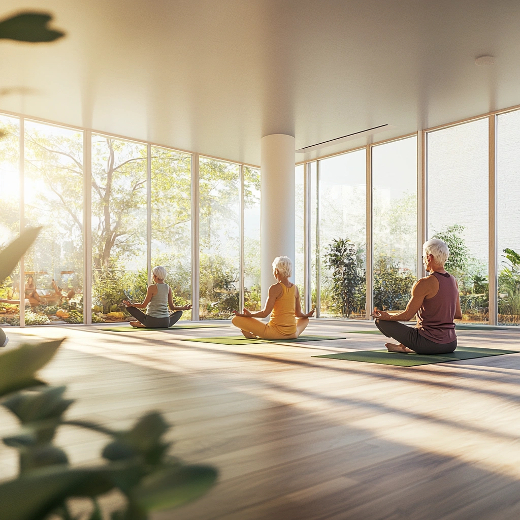 Група пенсіонерів на заняттях йогою в комфортній студії